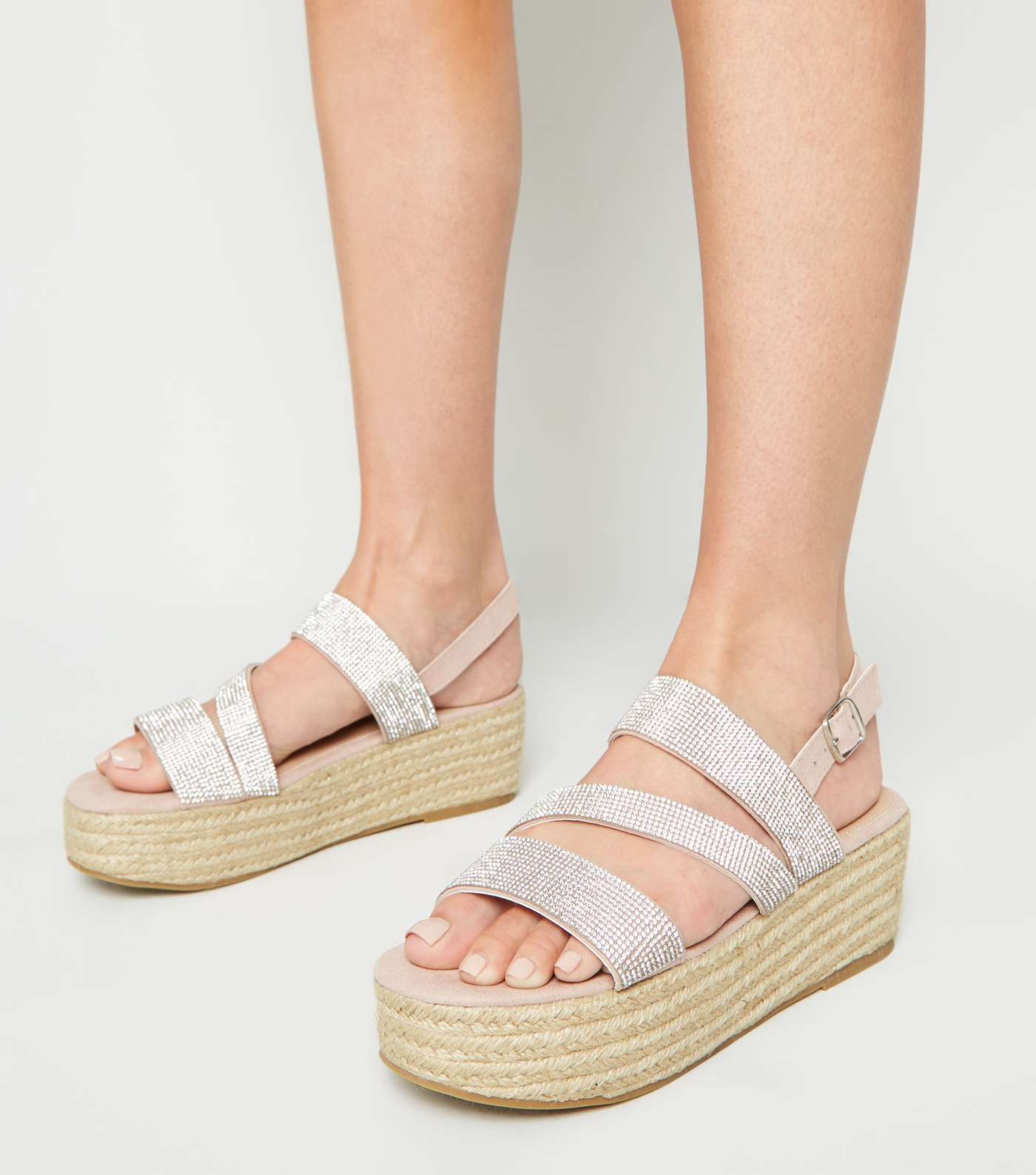 Pale Pink Diamanté Strap Flatform Sandals Image 2