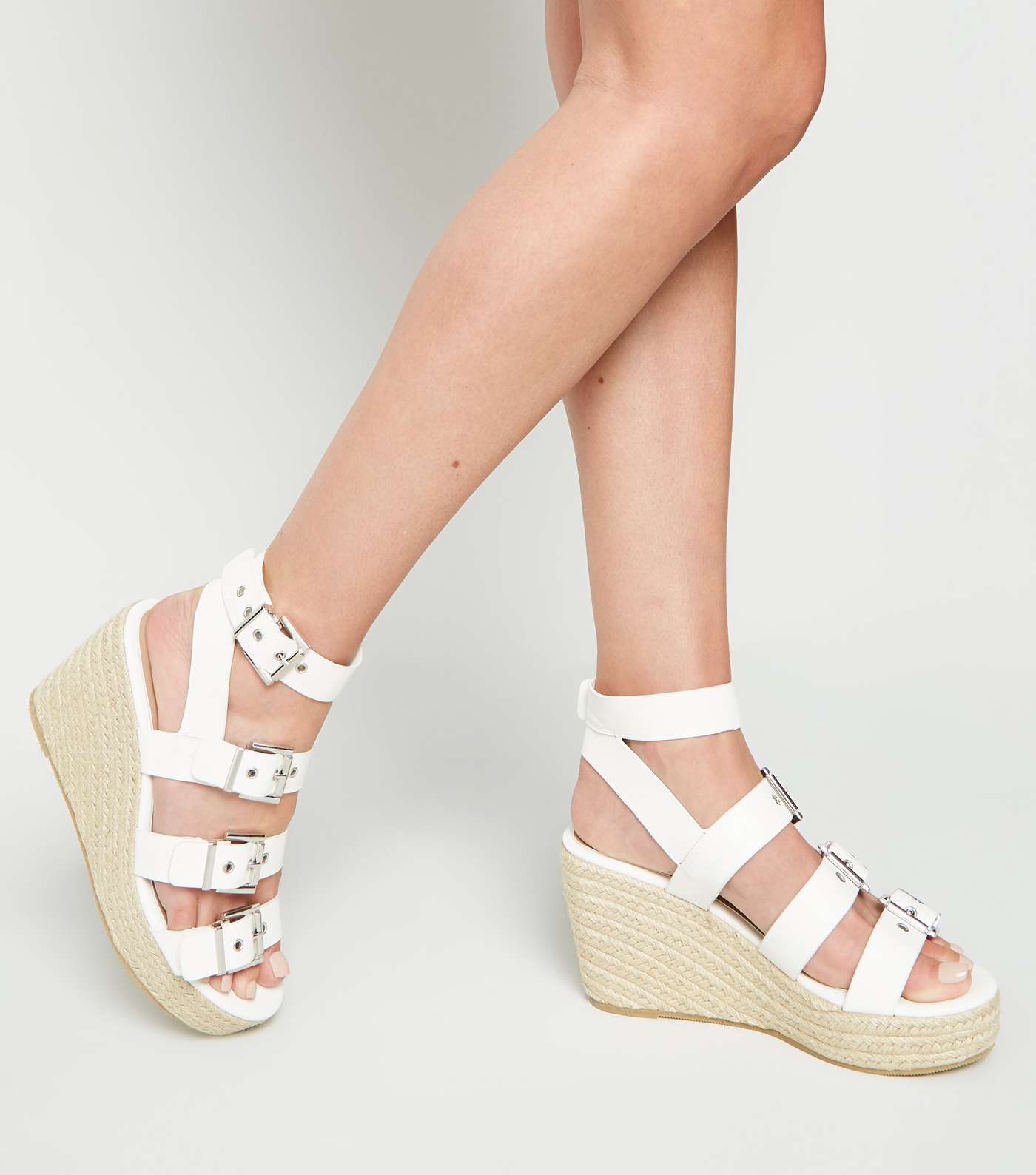 White Buckle Strap Espadrille Wedges Image 2