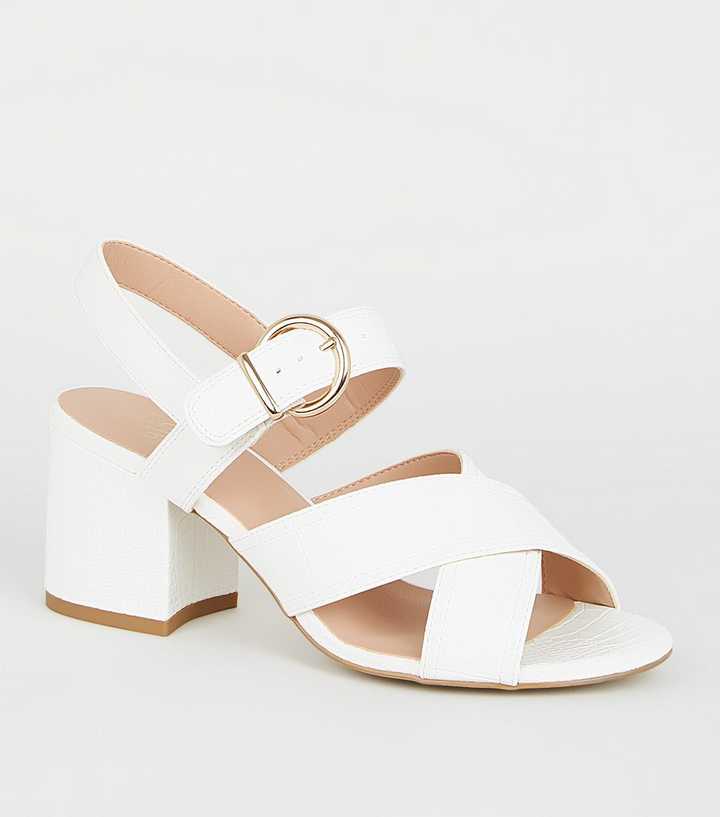 Girls White Faux Croc Strappy Block Heels | New Look