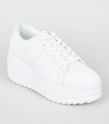 White Lace Up Wedge Heel Trainers | New 
