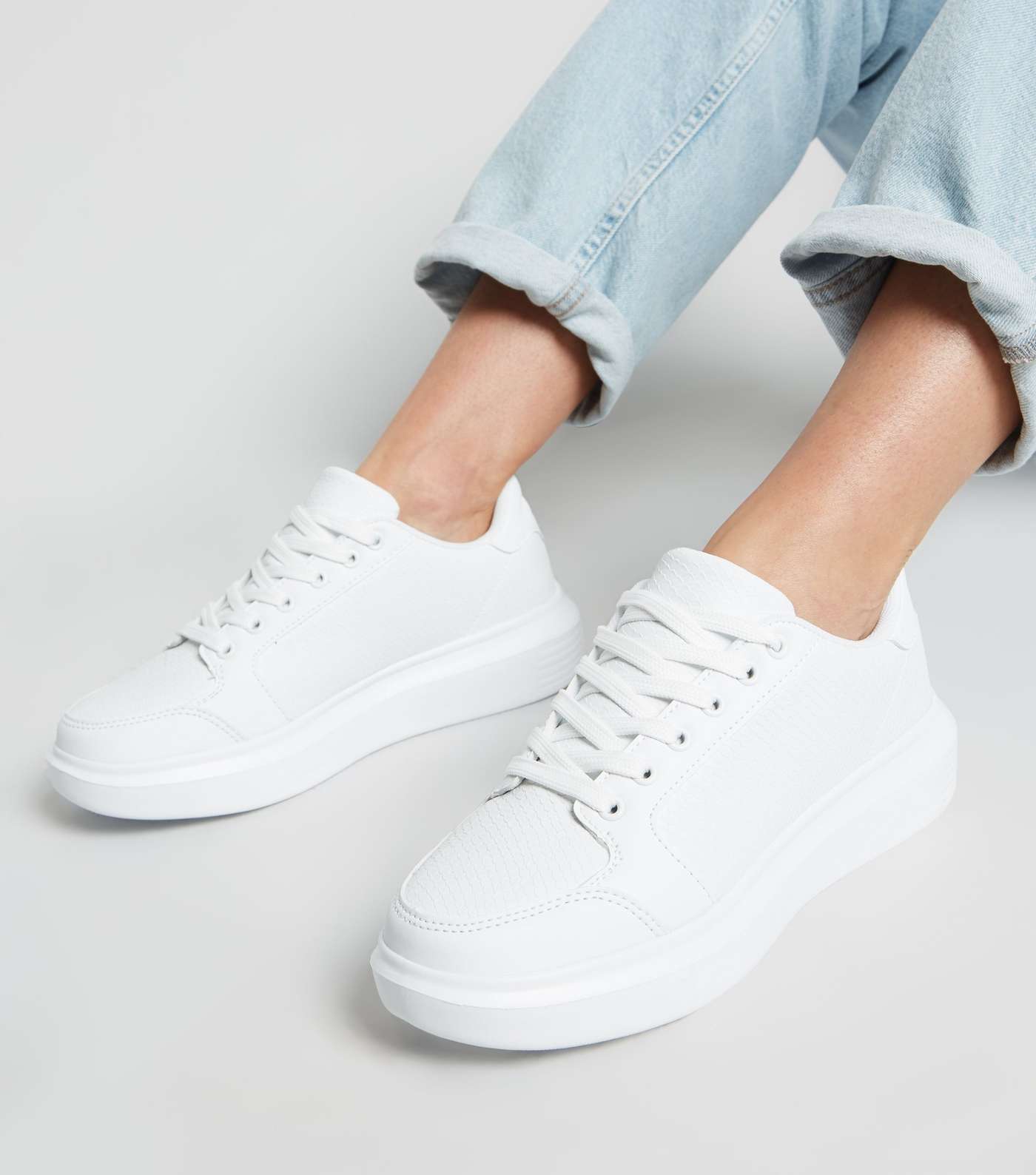 White Leather-Look Faux Snake Lace-Up Trainers Image 2