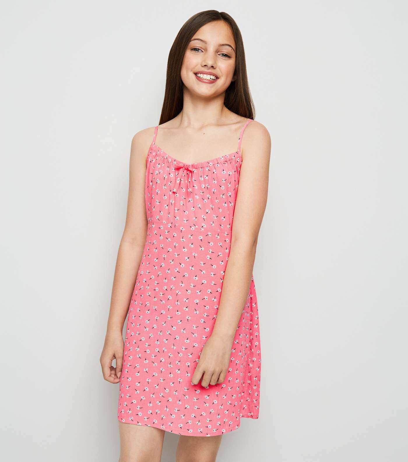 Girls Pale Pink Ditsy Floral Bow Neck Dress