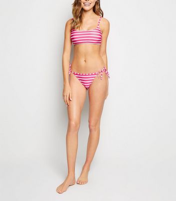 Bright Pink Stripe Tie Side Bikini Bottoms New Look