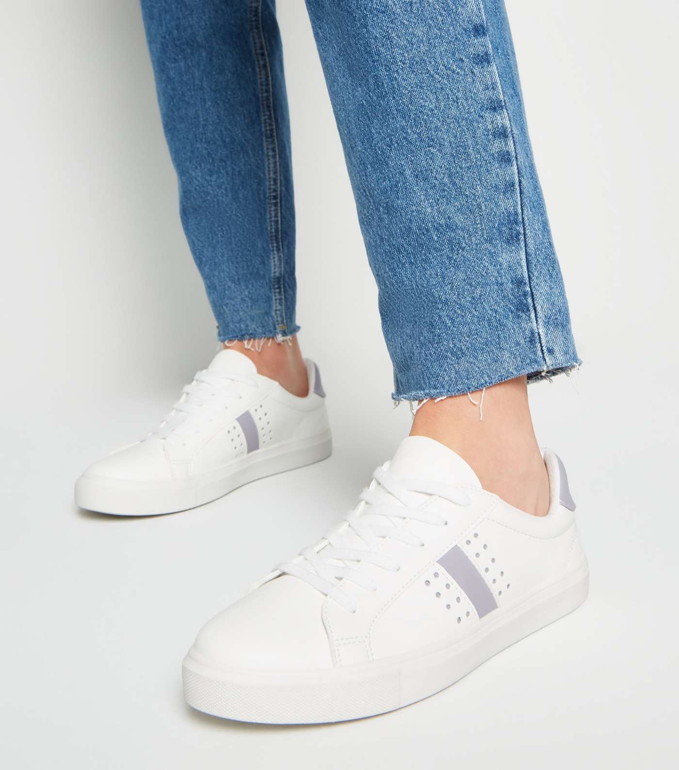 White Leather-Look Stripe Lace Up Trainers Image 2