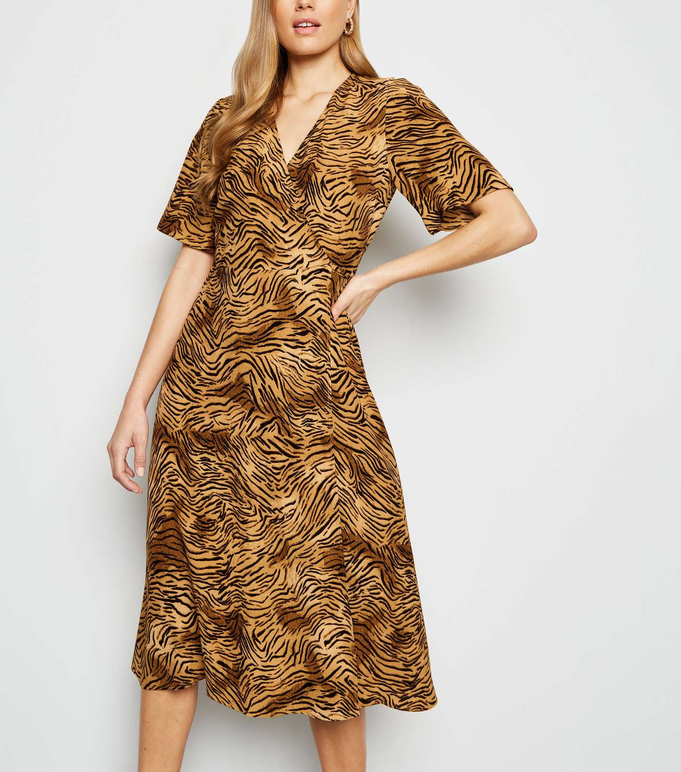 Brown Tiger Print Midi Wrap Dress