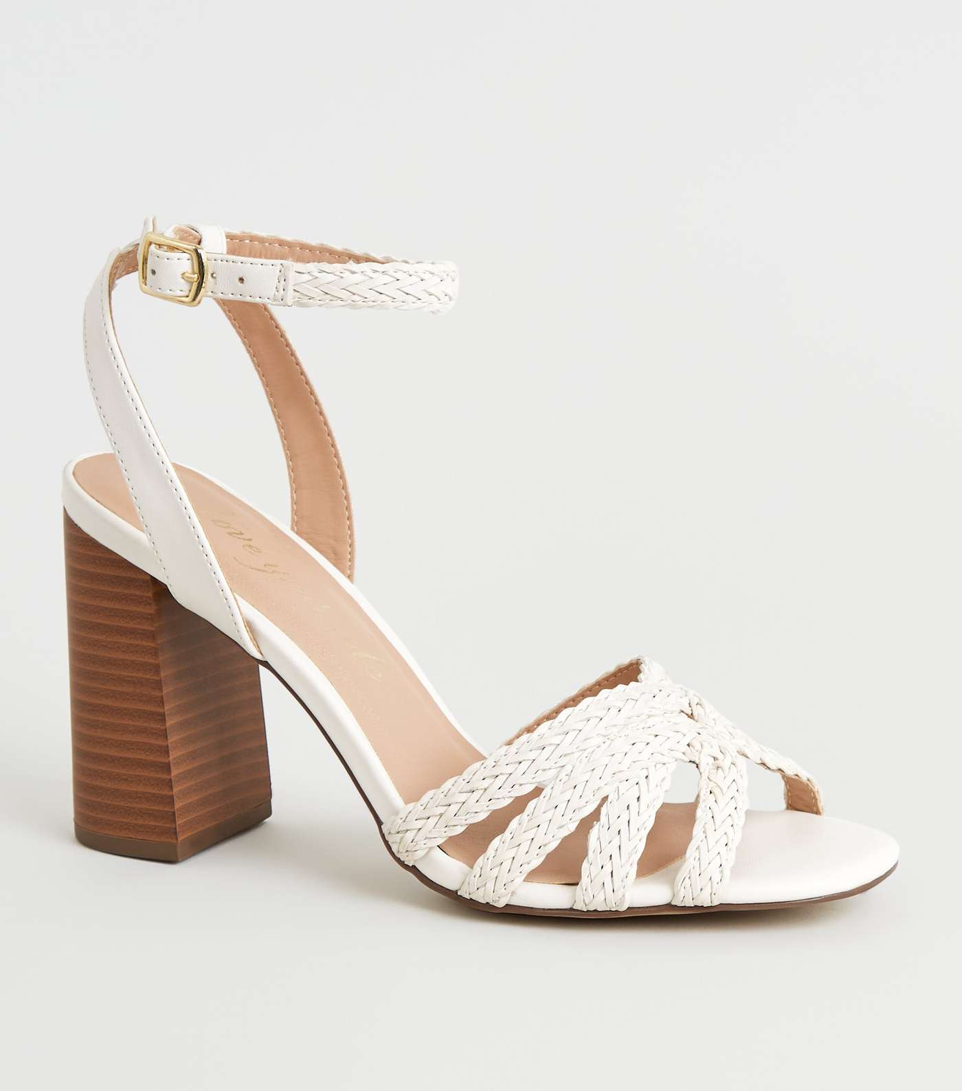 White Woven Strap Wood Flare Heel Sandals