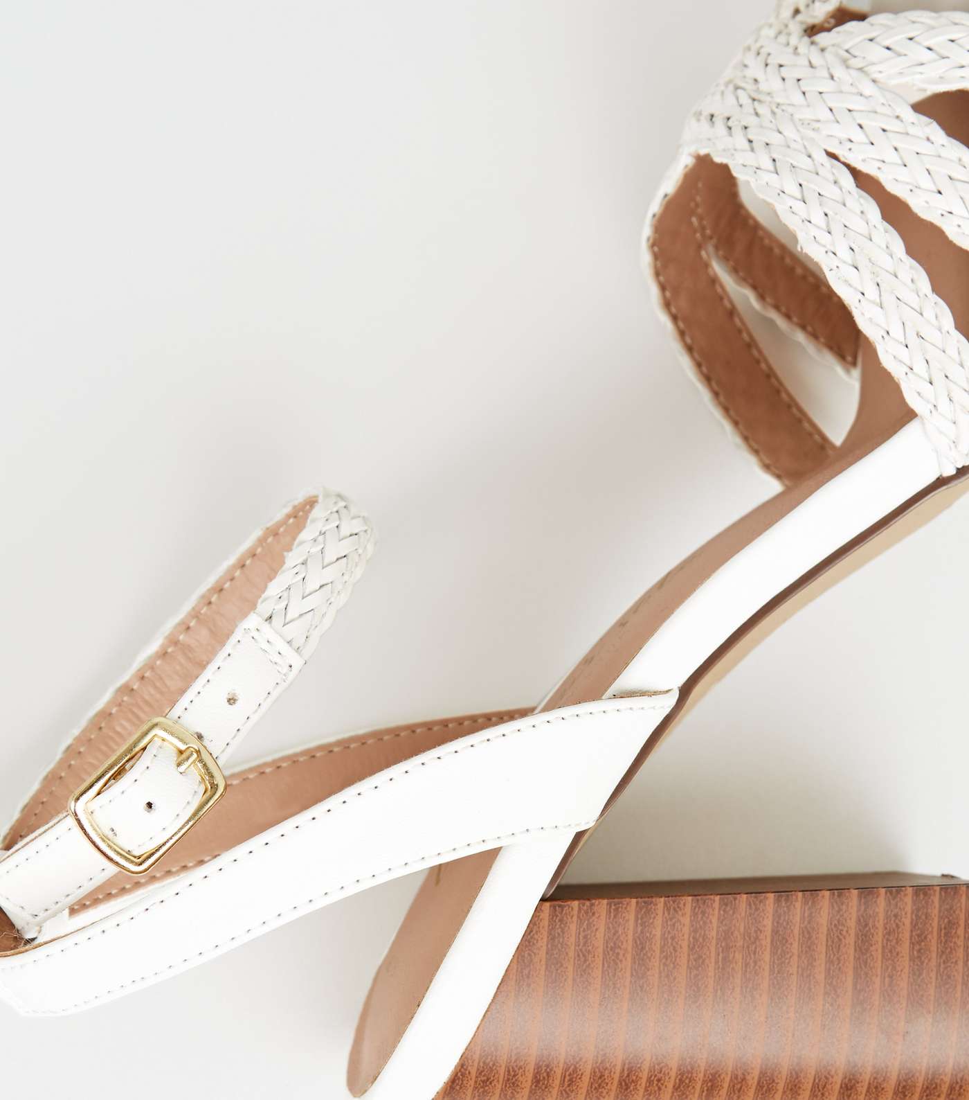 White Woven Strap Wood Flare Heel Sandals Image 3