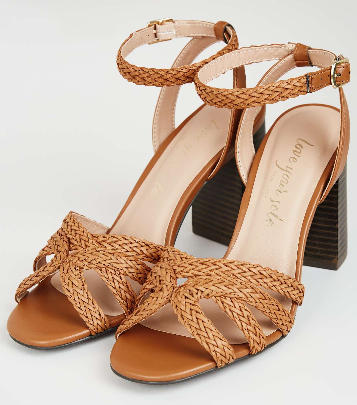 Tan Woven Strap Wood Flare Heel Sandals Image 3