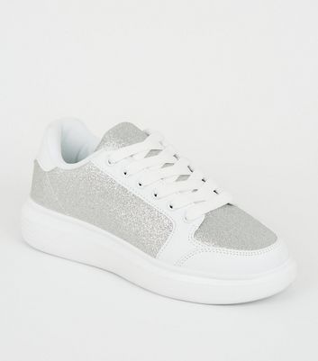 Girls Silver Glitter Lace Up Chunky 