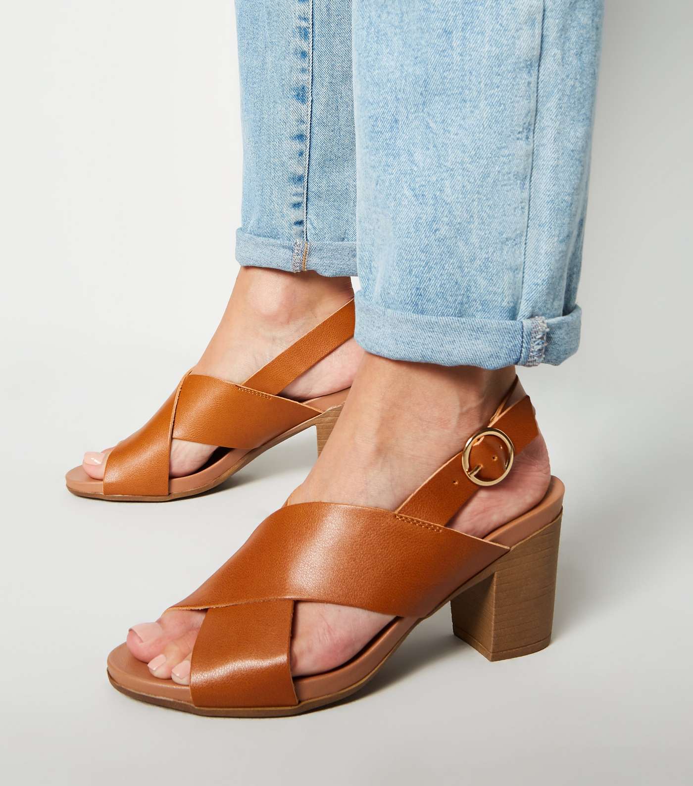 Tan Leather-Look Cross Strap Heels Image 2
