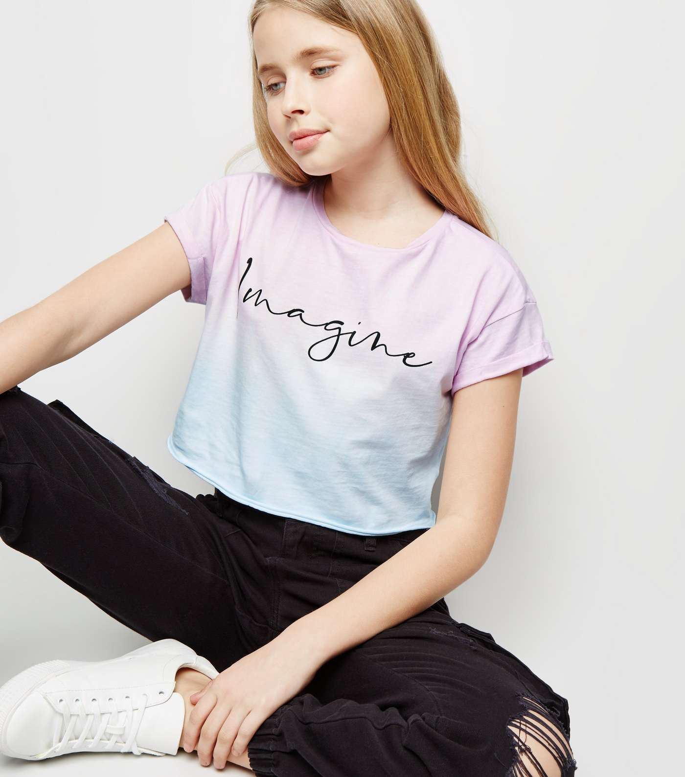 Girls Pink Tie Dye Imagine Slogan T-Shirt Image 5