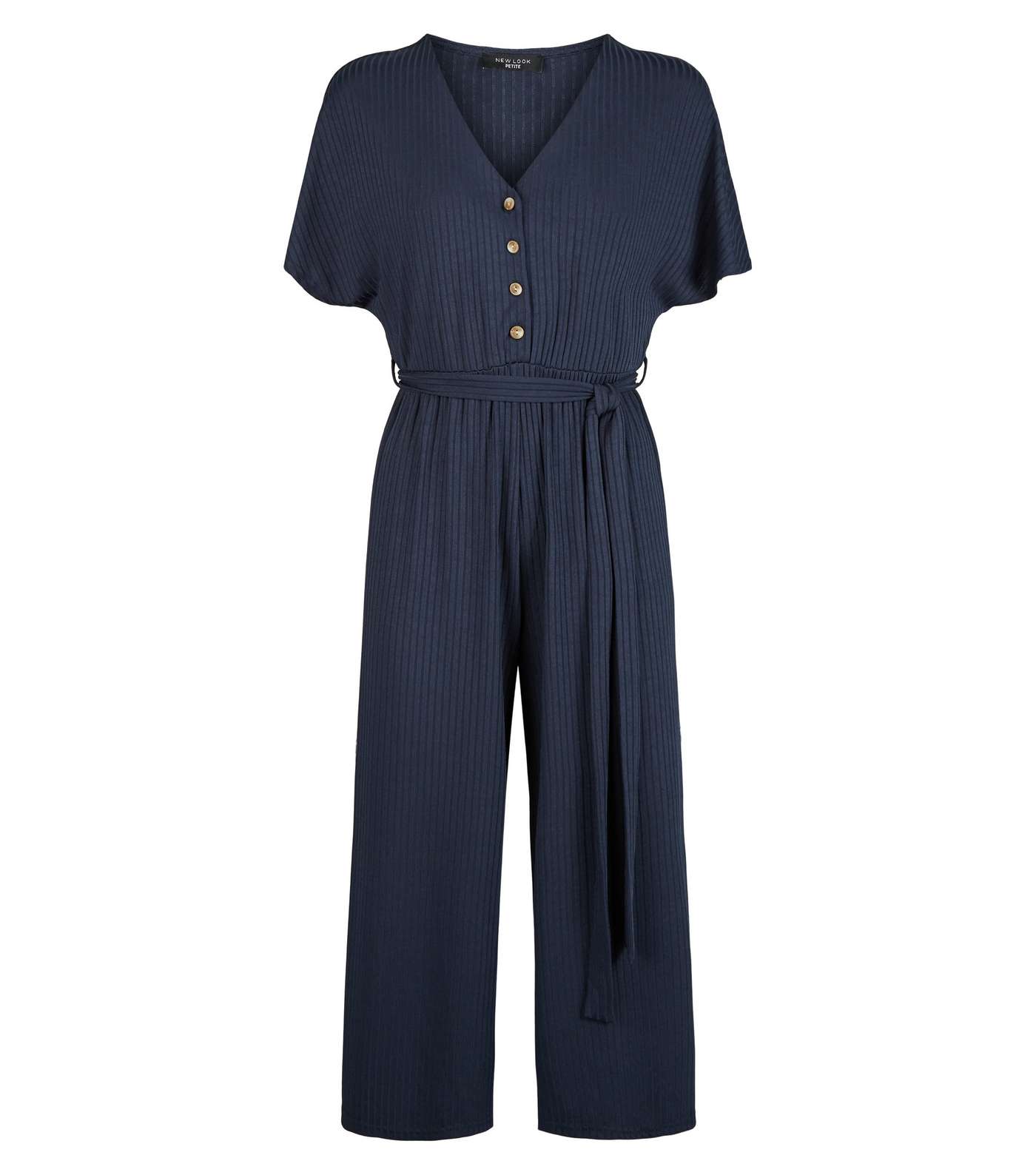 Petite Navy Ribbed Button Up Jumpsuit Image 4