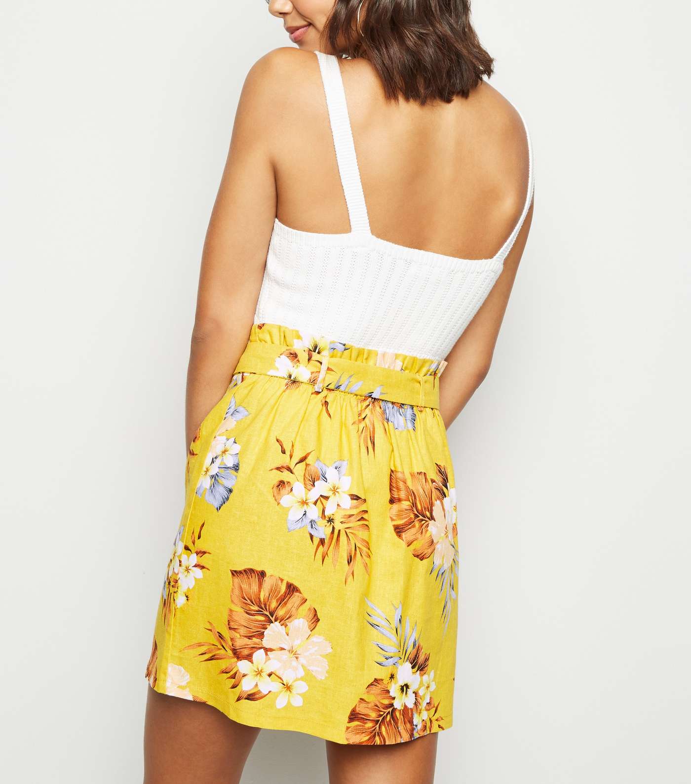 Yellow Tropical Linen Blend High Waist Skirt Image 3