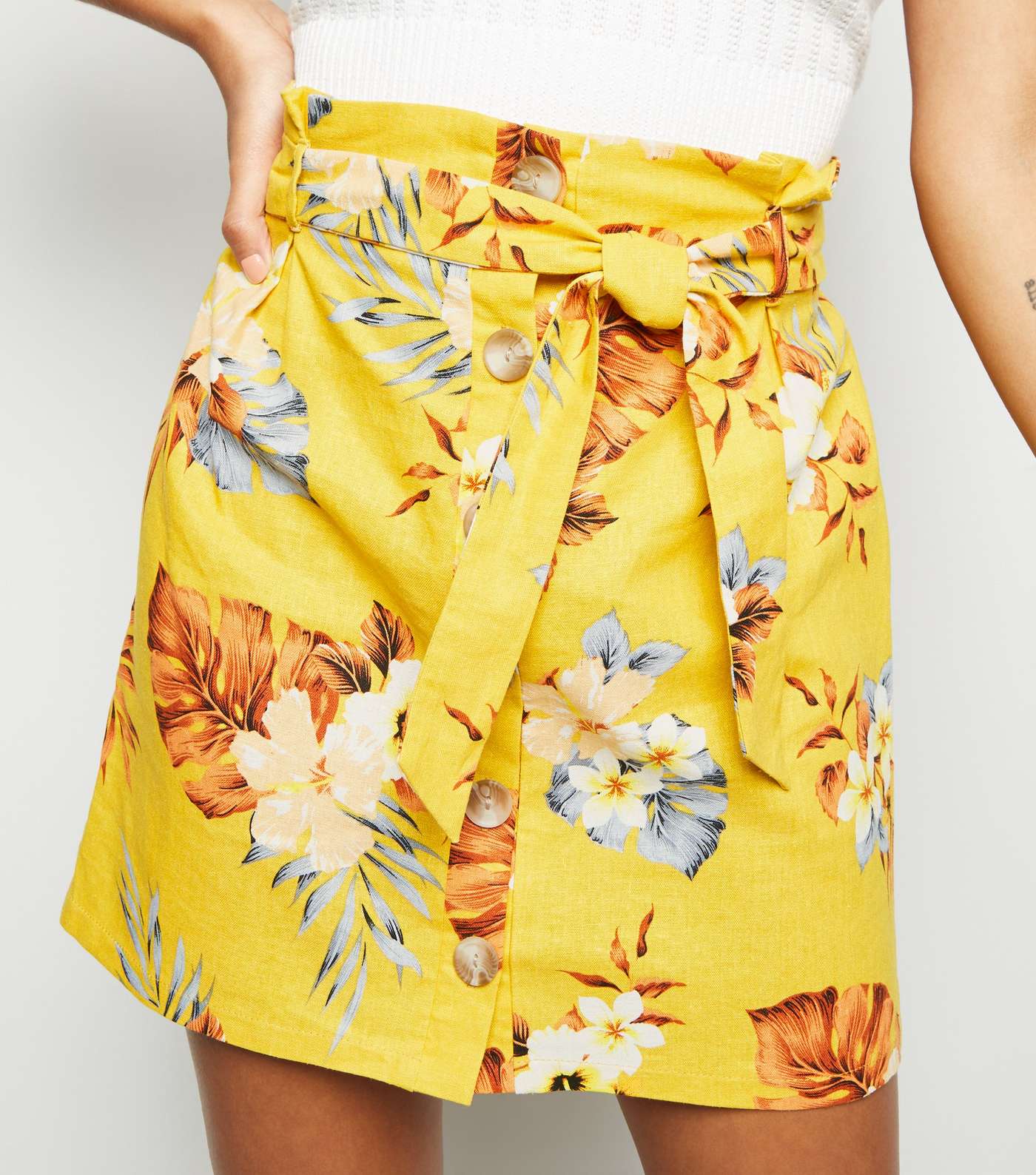 Yellow Tropical Linen Blend High Waist Skirt Image 5