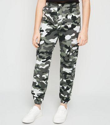 Girls Light Grey Camo Cargo High Waist Wide Leg Trousers  New Look