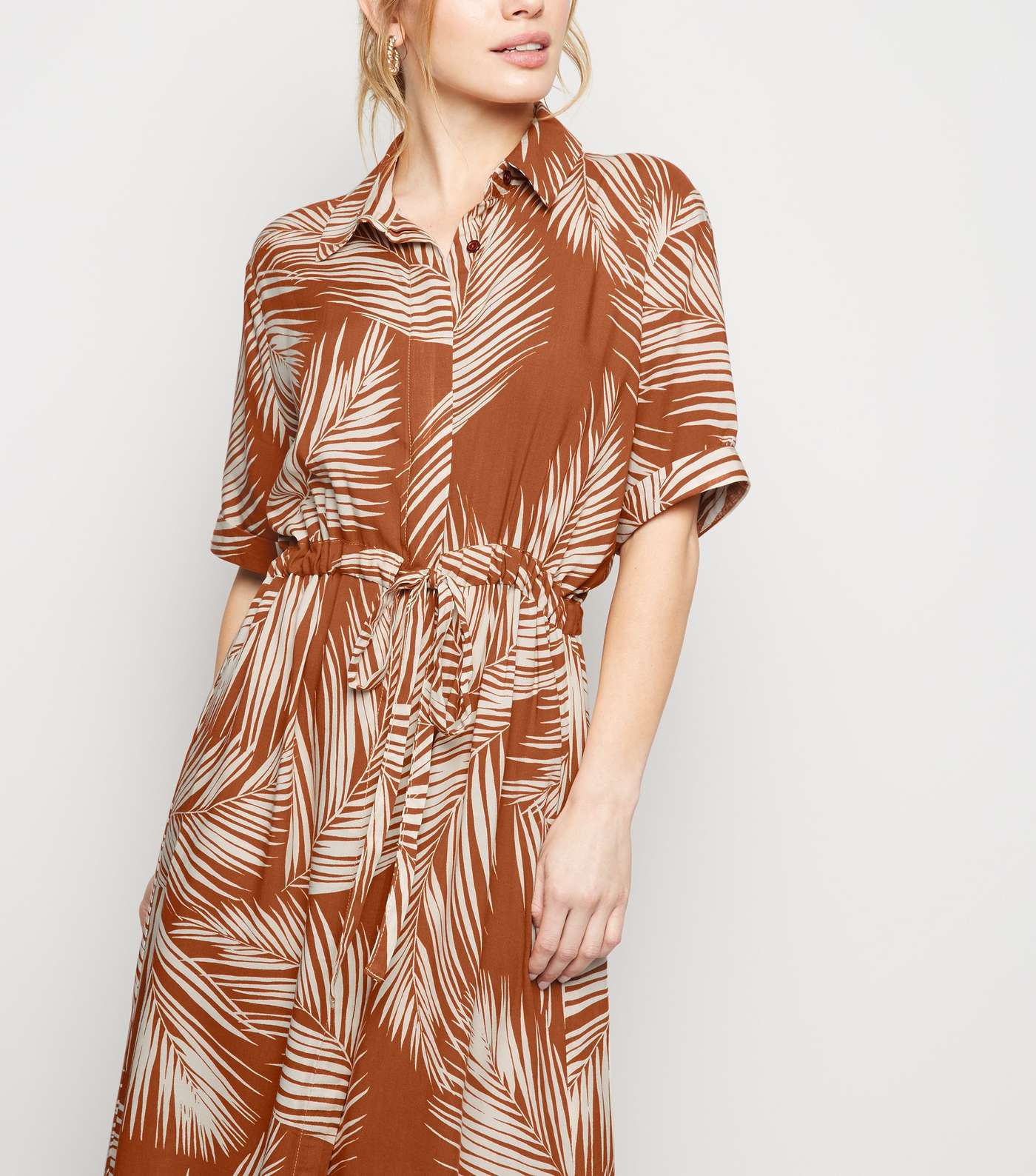 Petite Brown Palm Print Midi Shirt Dress Image 2