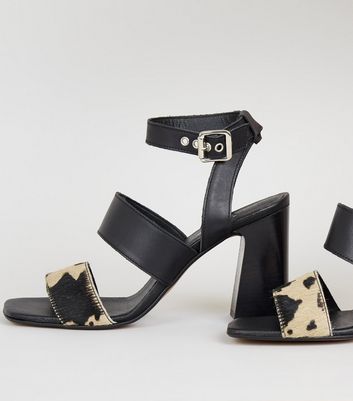 Image of Black Leather Cow Print Strap Block Heels New Look