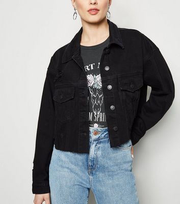 Veste en jean noir courte déchirée Clearance