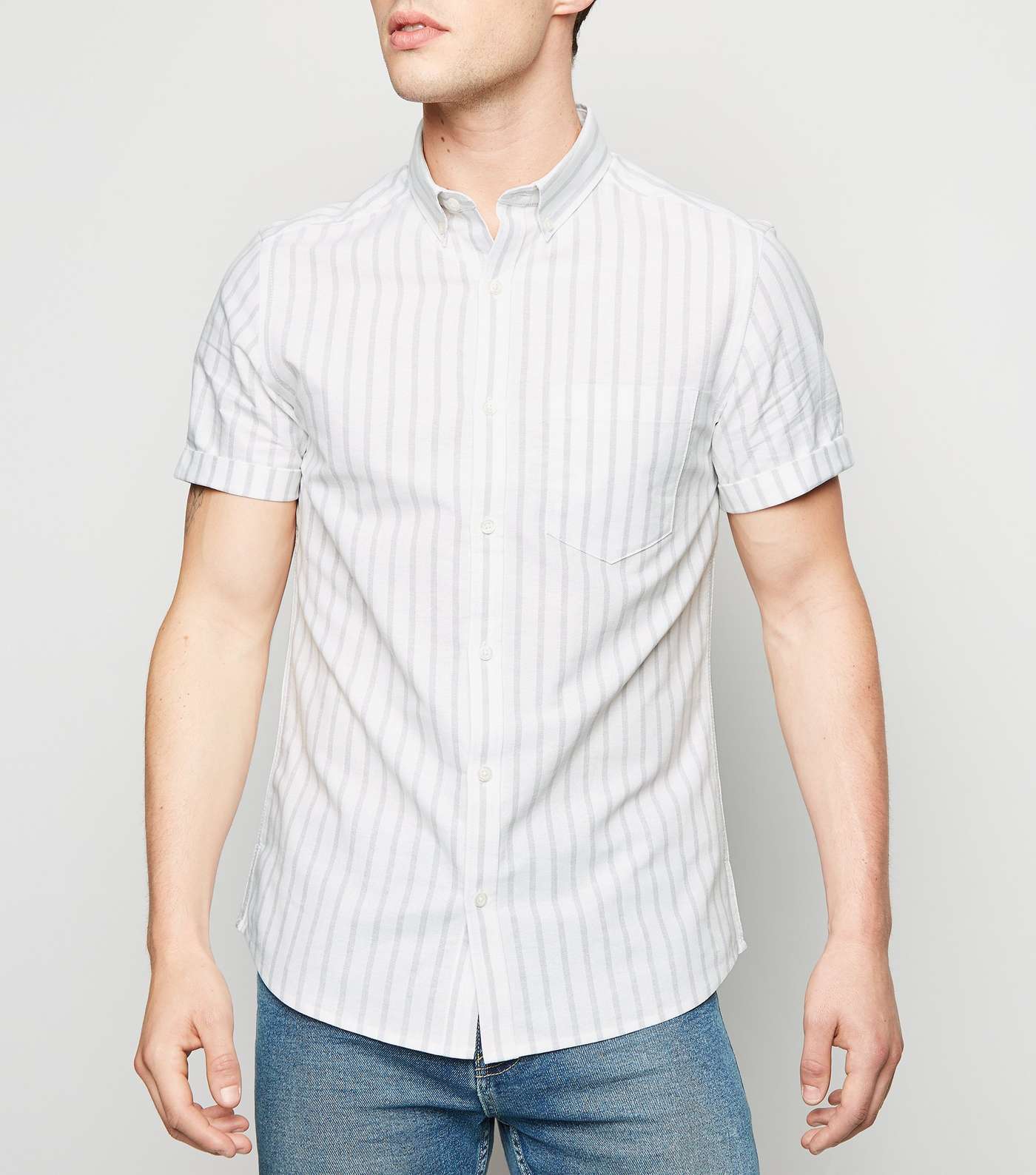 White Vertical Stripe Short Sleeve Oxford Shirt