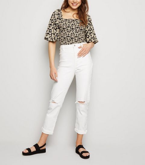 Weiße Tori Mom Jeans mit Rissen