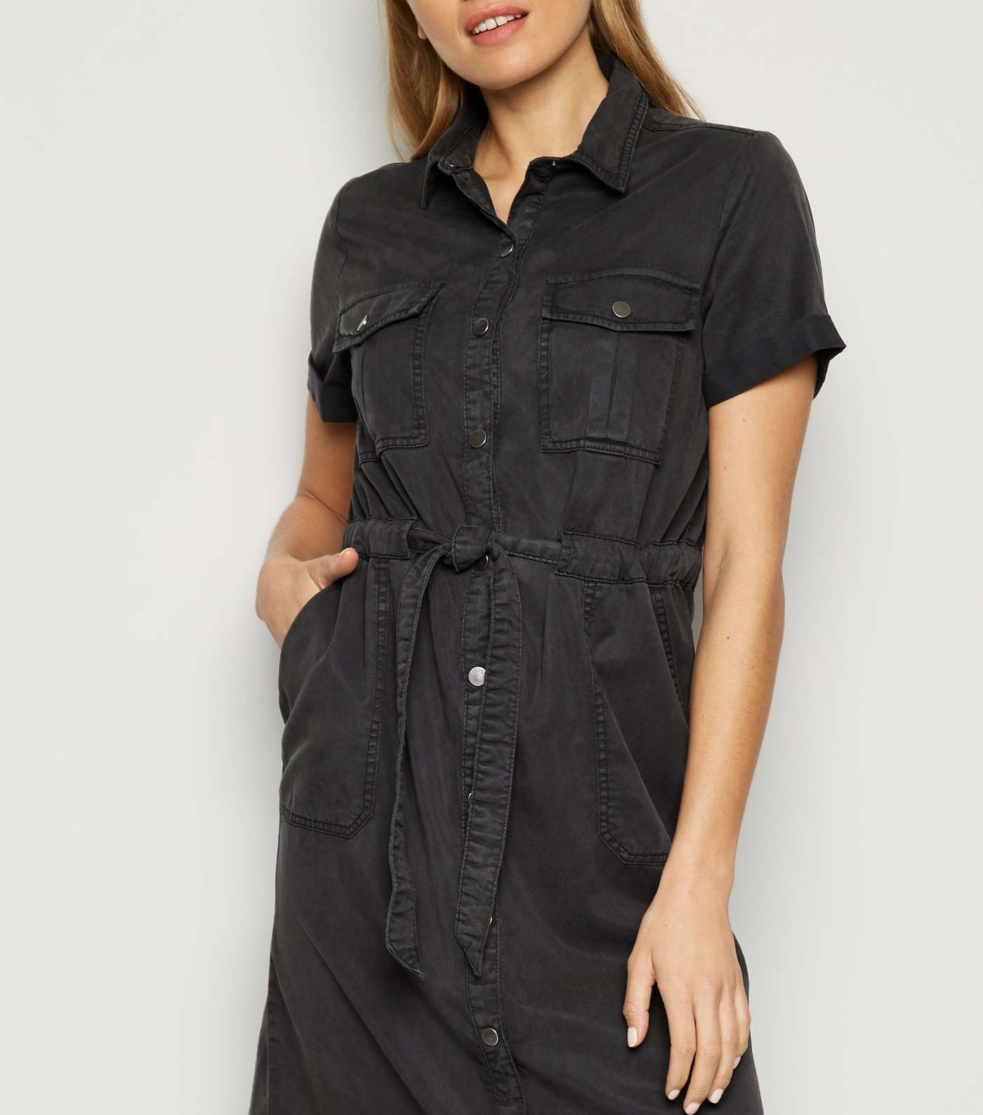 Black Denim Utility Midi Shirt Dress Image 2