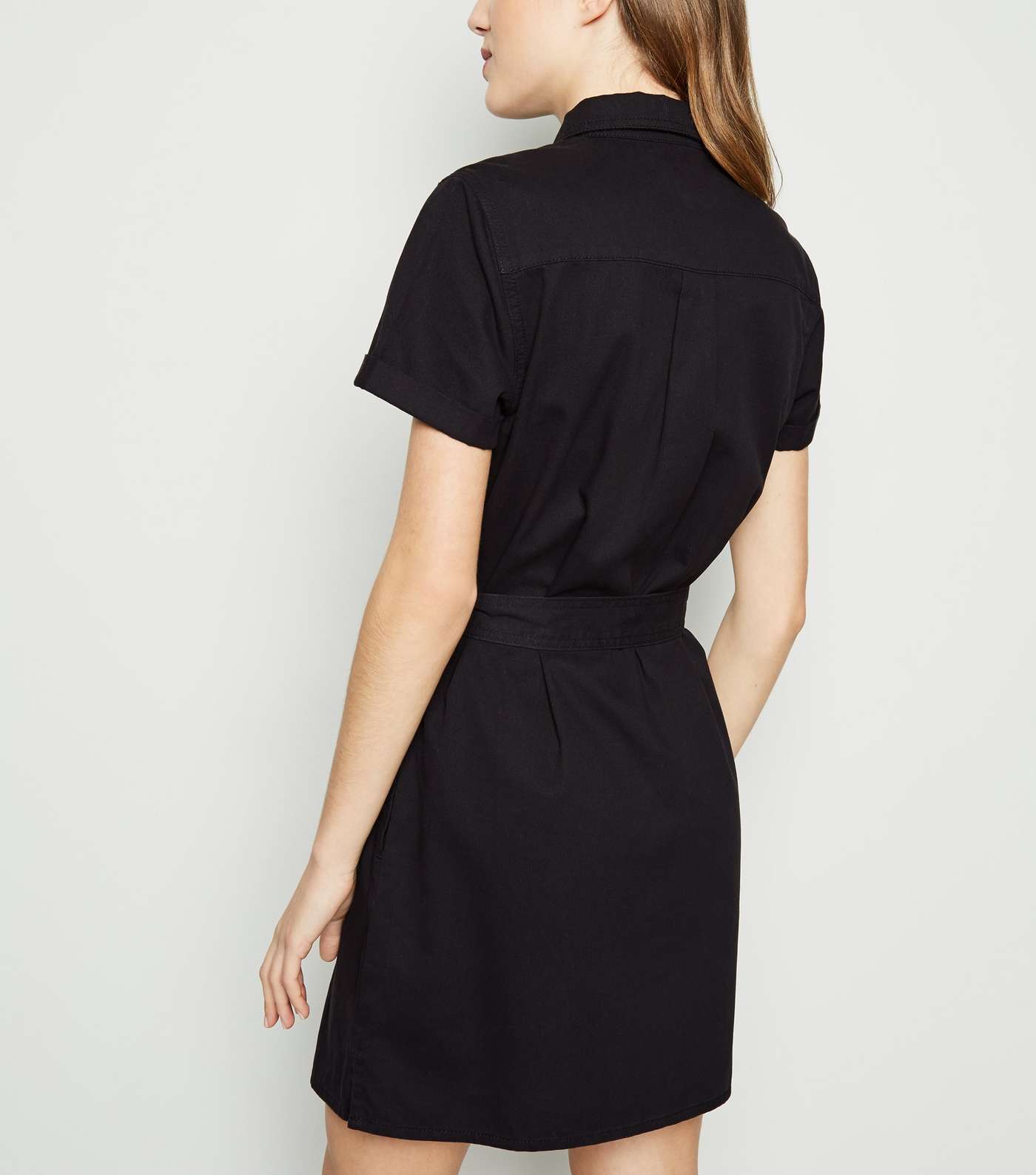 Black Short Sleeve Utility Denim Shirt Dress Image 3