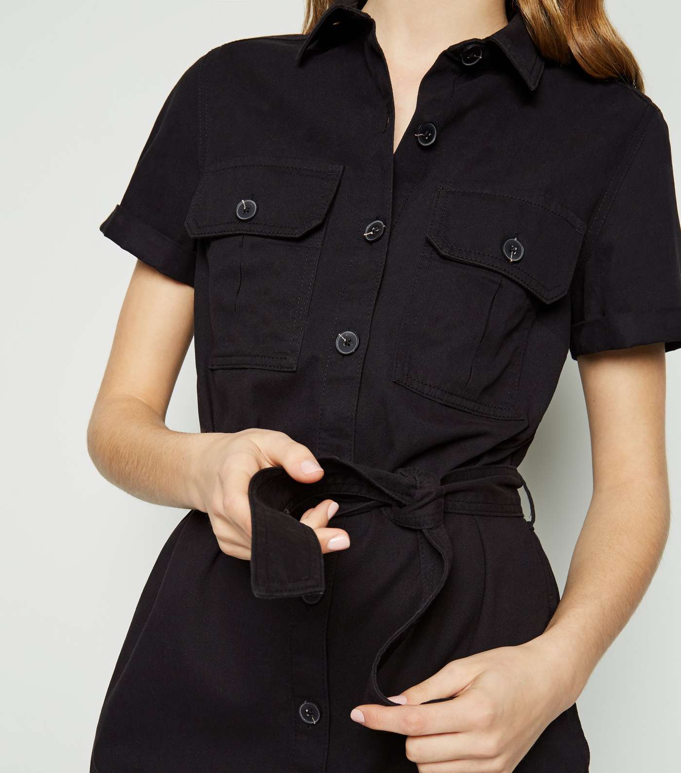 Black Short Sleeve Utility Denim Shirt Dress Image 5