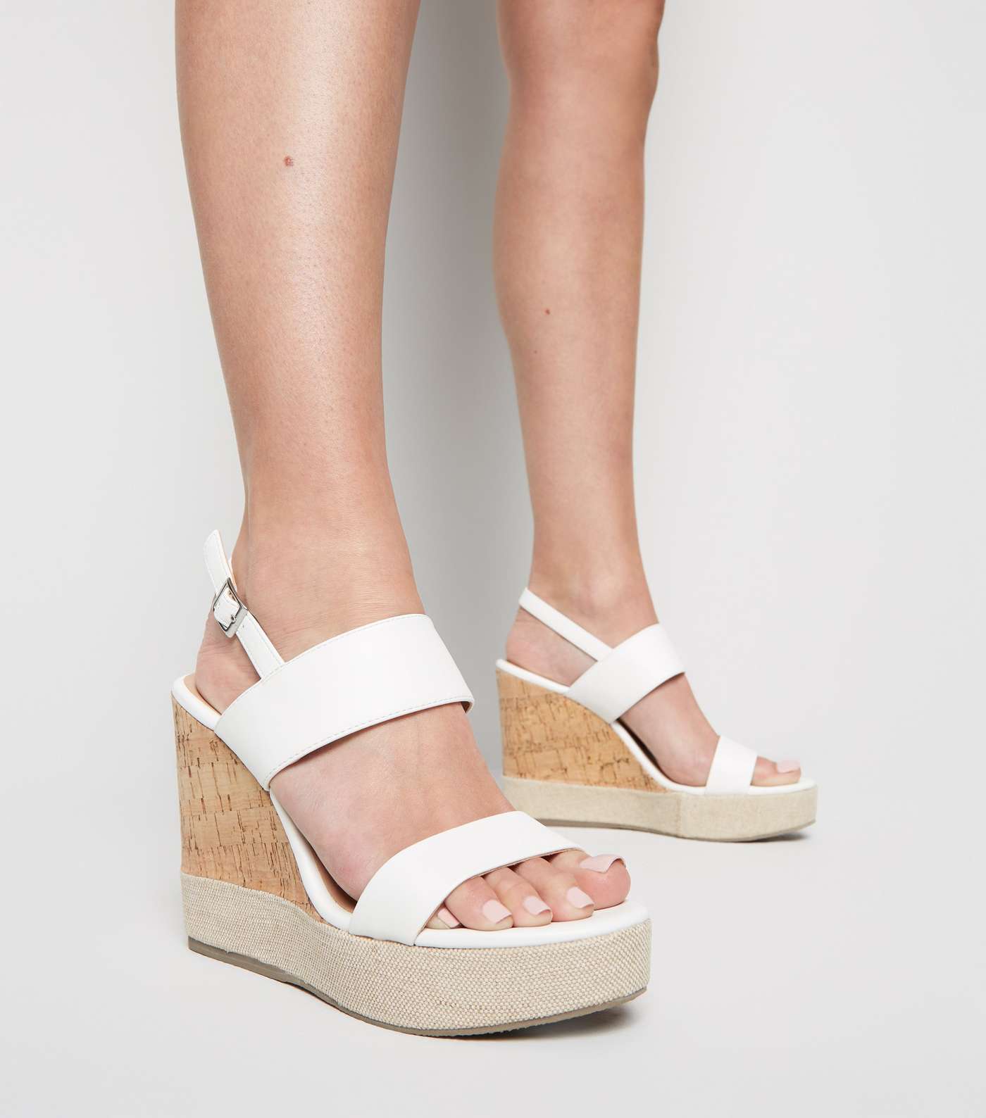 White Leather-Look Canvas Trim Cork Wedges Image 2