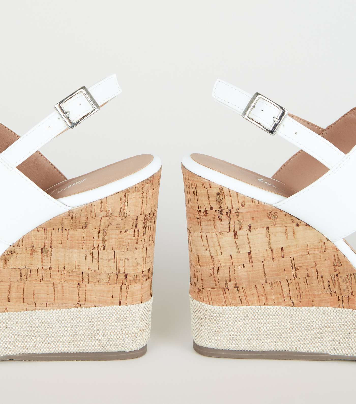 White Leather-Look Canvas Trim Cork Wedges Image 4