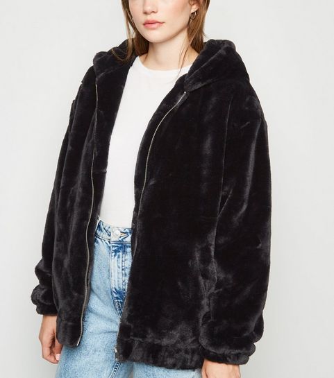 Black Faux Fur Hooded Bomber Jacket