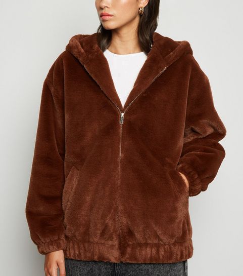 Dark Brown Faux Fur Hooded Bomber Jacket