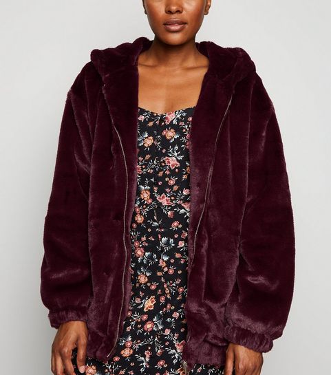 Burgundy Faux Fur Hooded Bomber Jacket