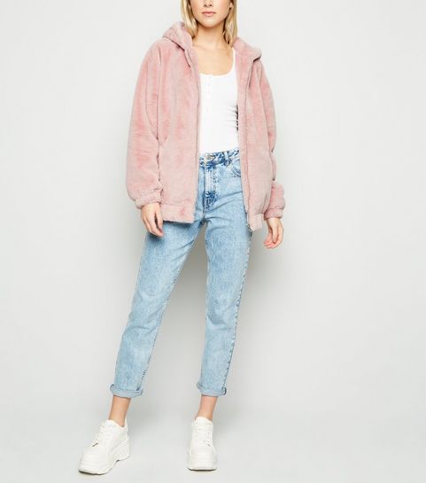 Pink Faux Fur Hooded Bomber Jacket