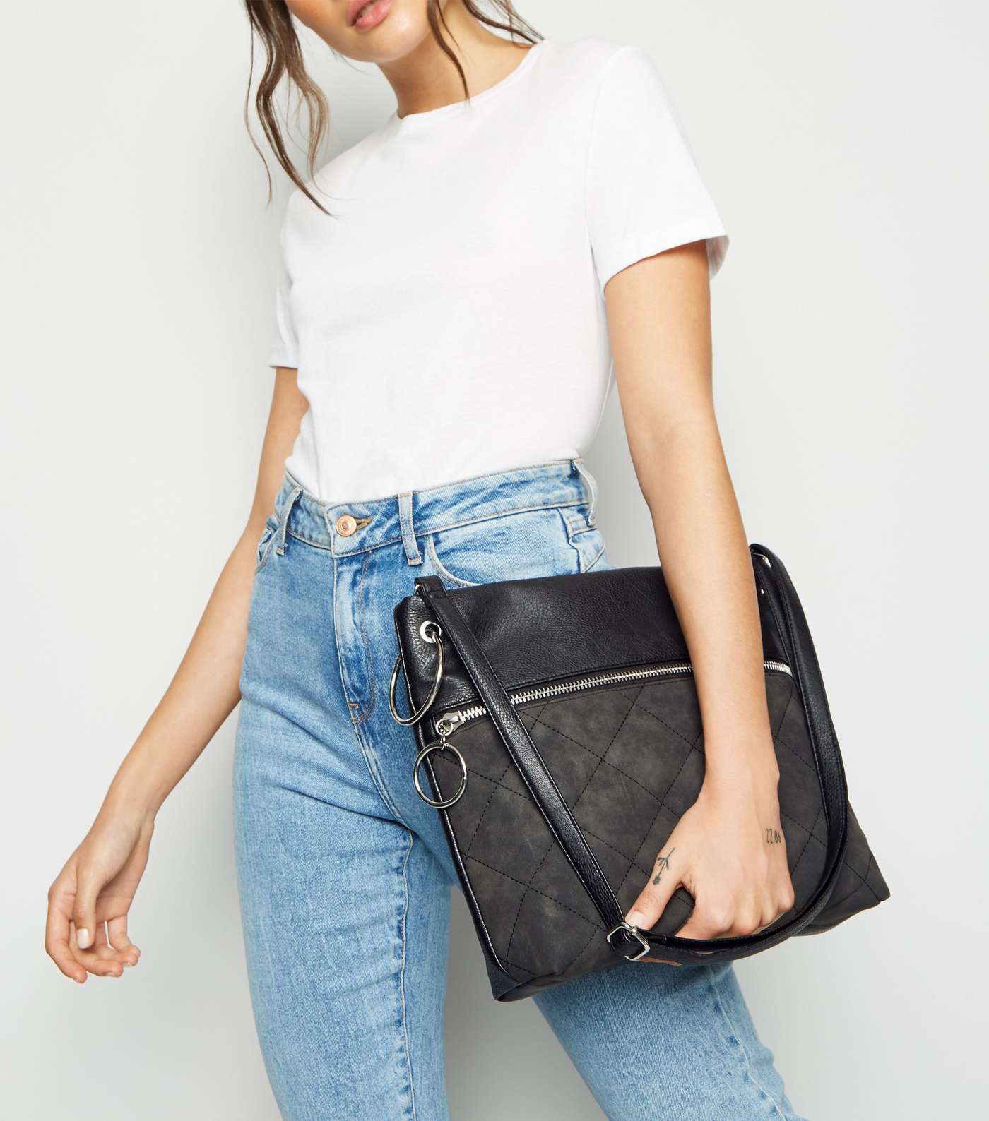 Black Leather-Look Quilted Cross Body Bag Image 2