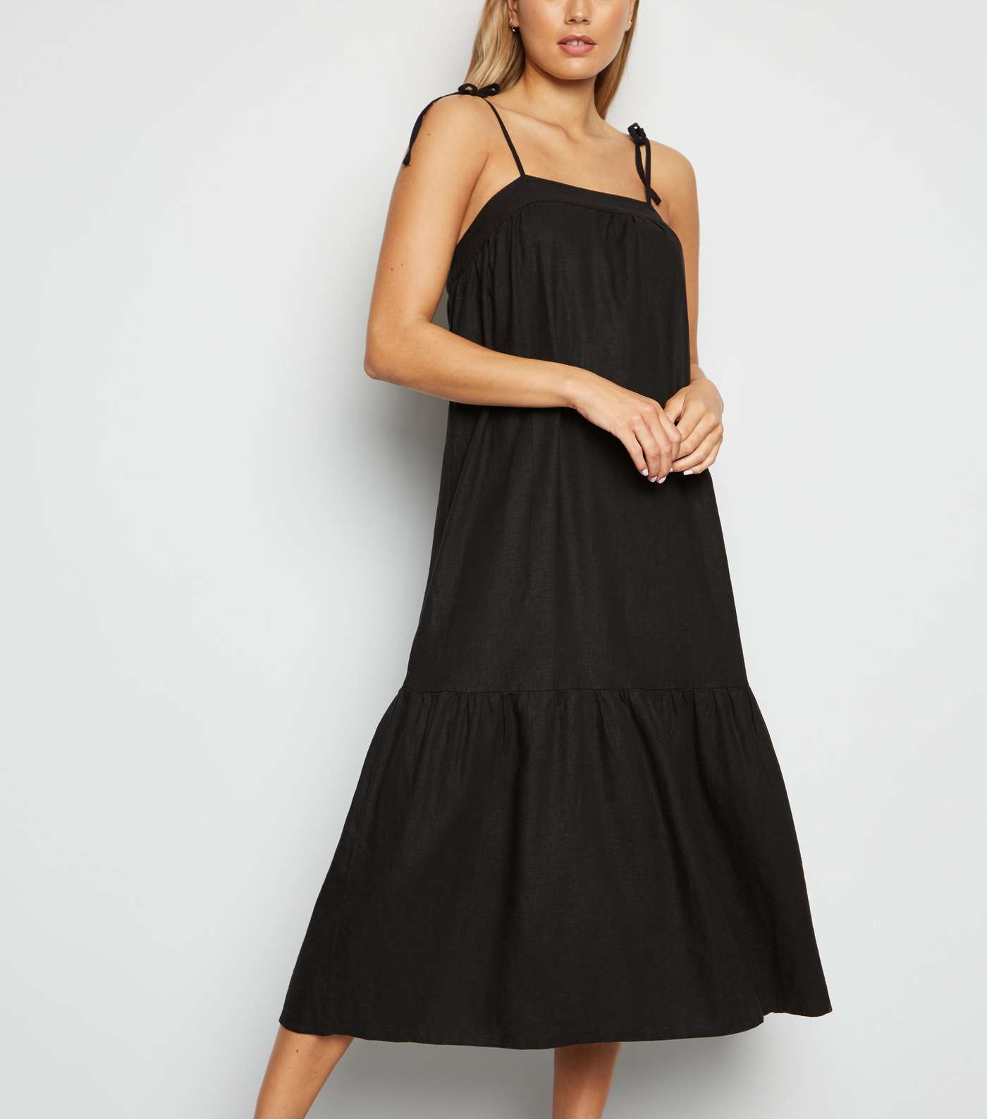 Black Linen Look Tiered Midi Dress Image 2