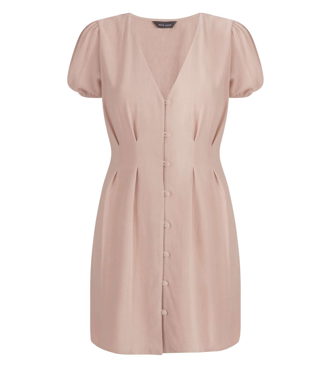 Pale Pink Linen Look Button Up Tea Dress