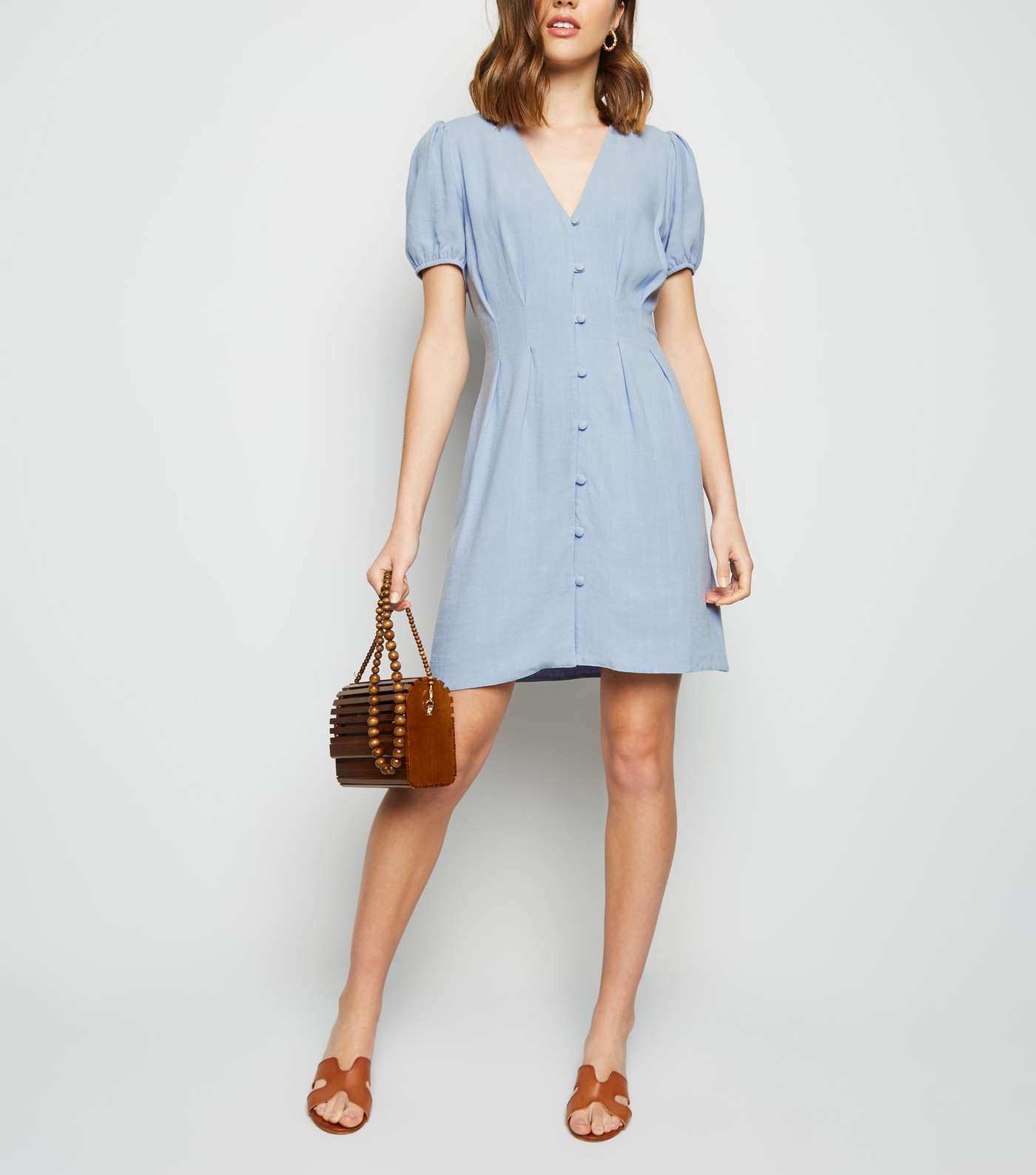 Blue Linen-Look Button Up Tea Dress Image 2