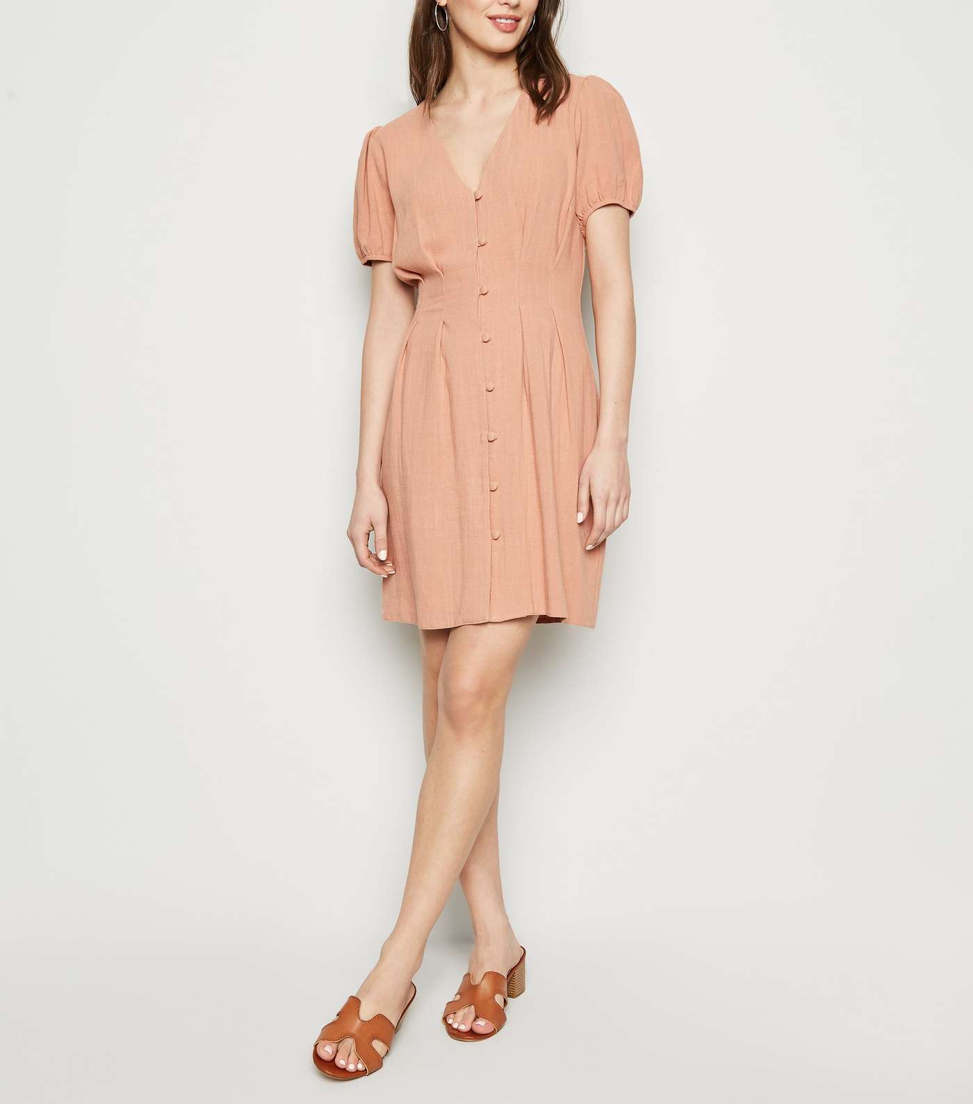 Mid Pink Linen-Look Button Up Tea Dress Image 2