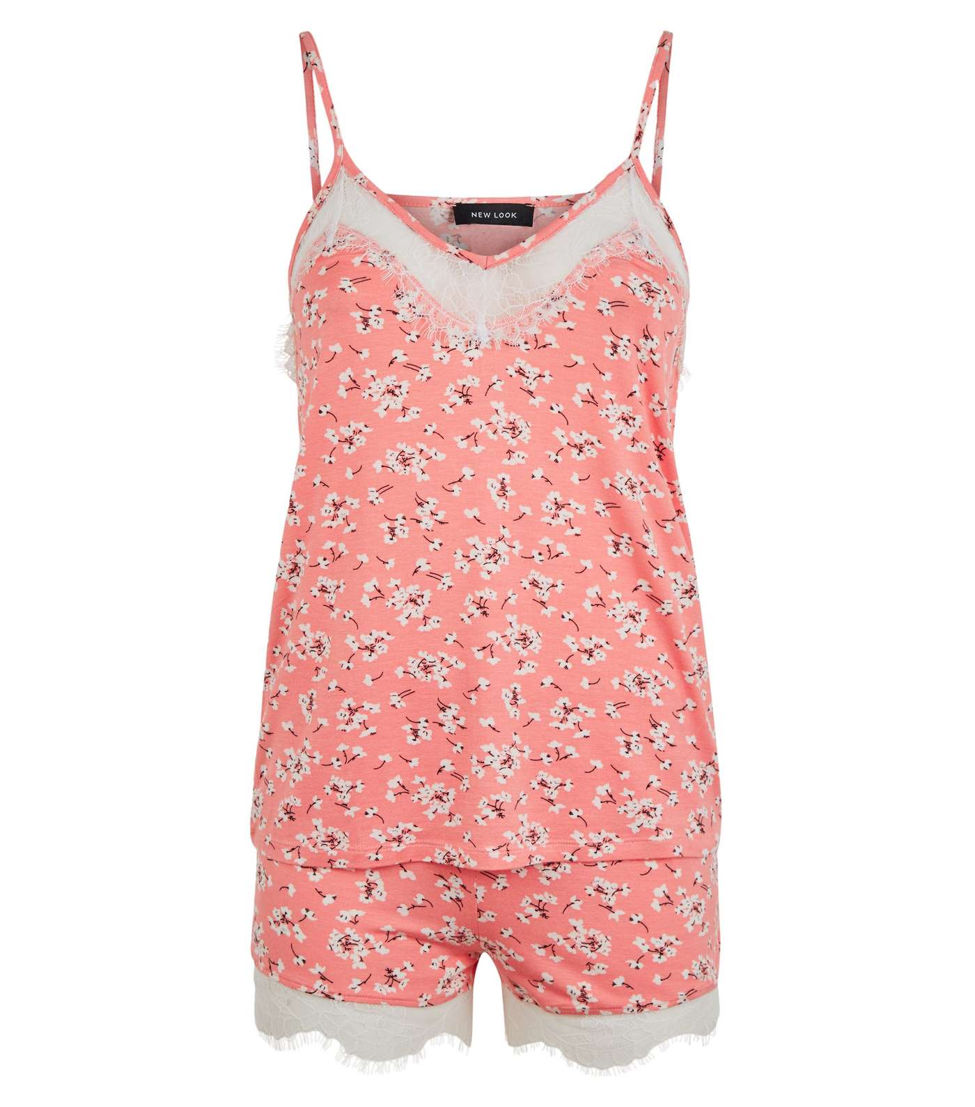Coral Ditsy Floral Lace Trim Pyjama Set Image 4