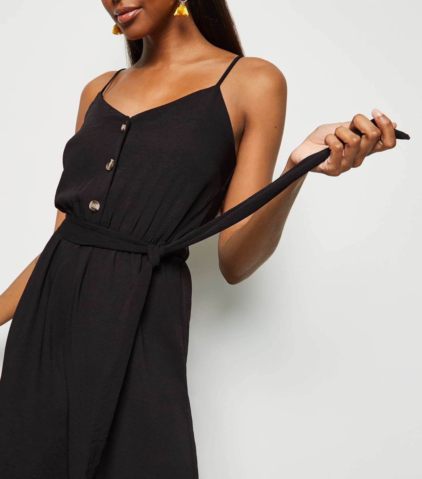 Black Herringbone Button Front Strappy Jumpsuit Image 2