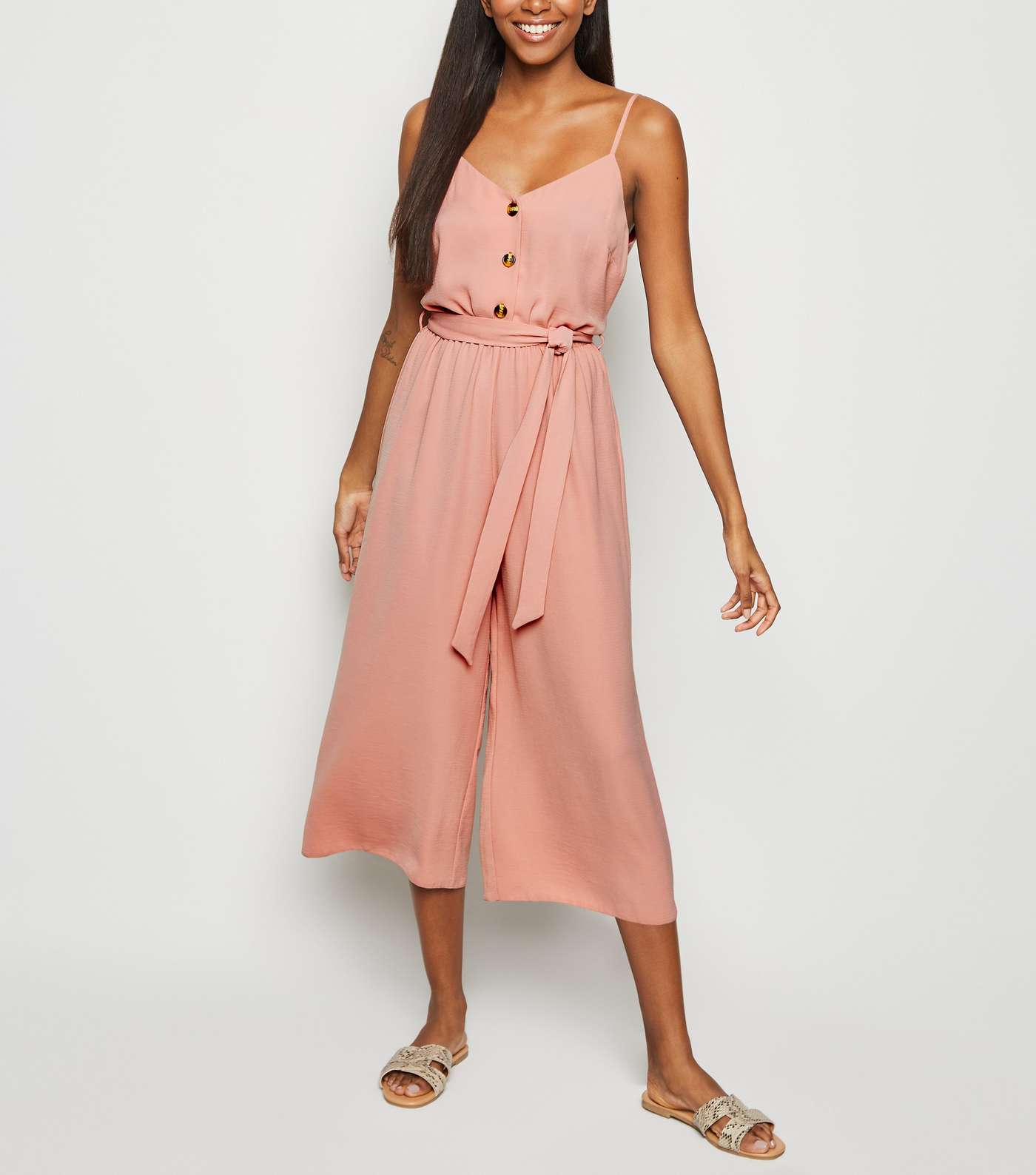 Pink Herringbone Button Front Strappy Jumpsuit