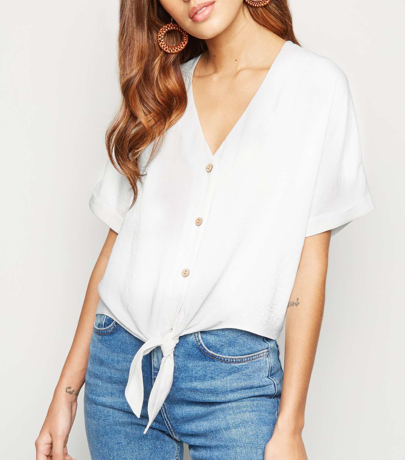 White Tie Front Button Up V Neck Shirt