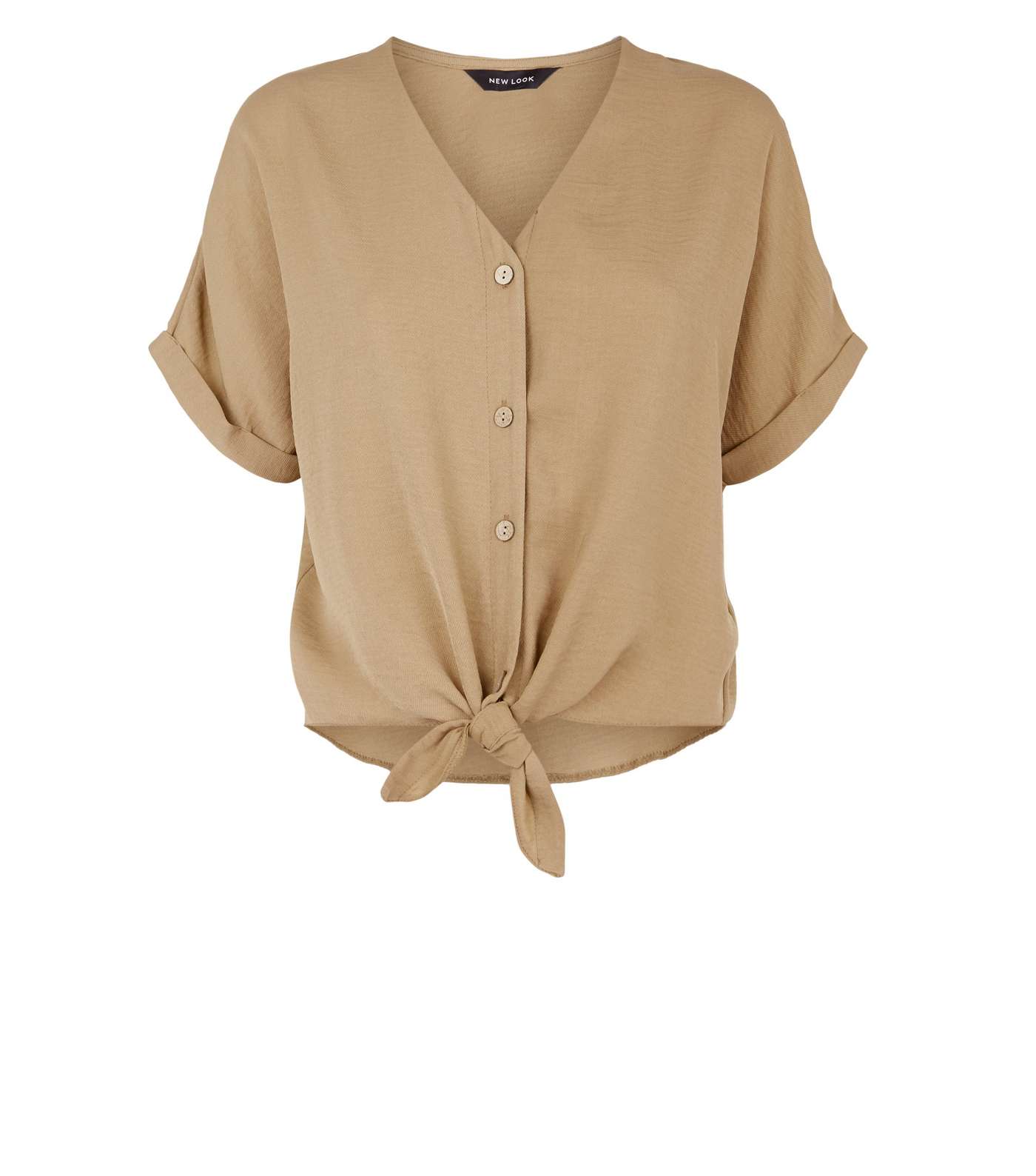 Camel Tie Front Button Up V Neck Shirt Image 4