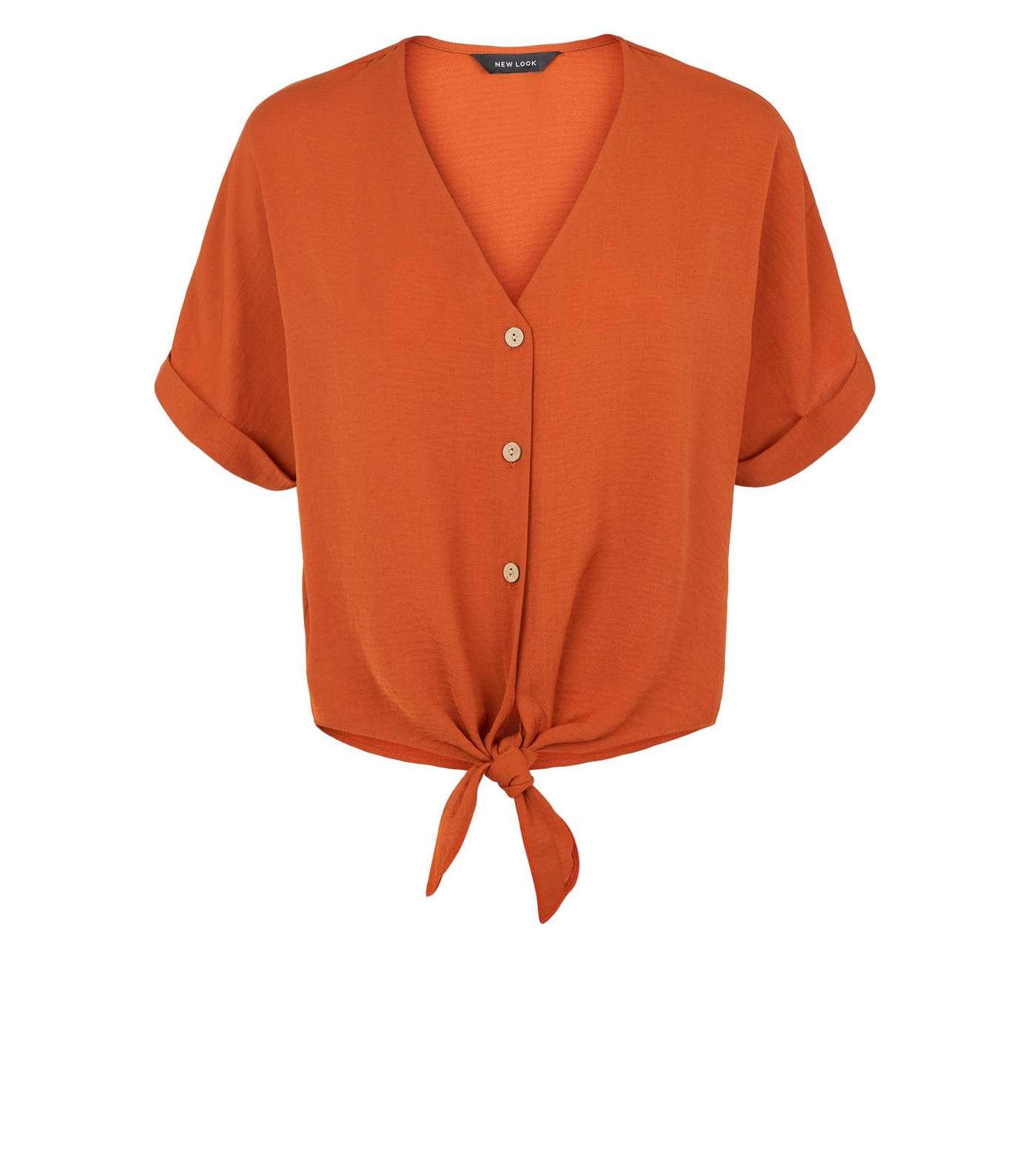 Rust Tie Front Button Up V Neck Shirt Image 4