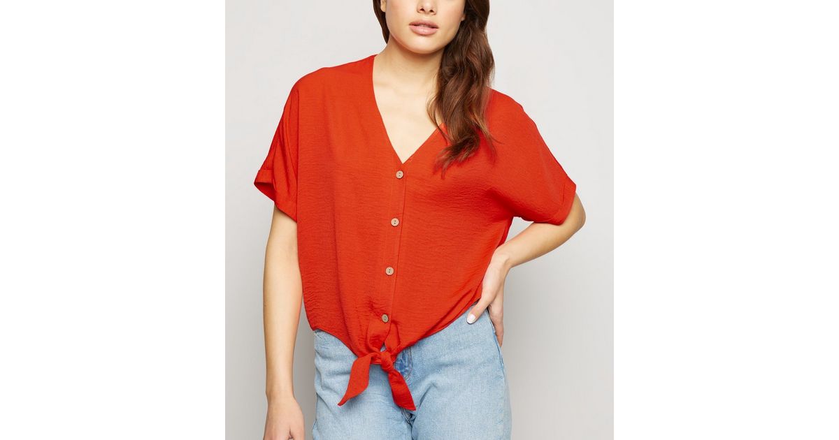 Red Tie Front Button Up V Neck Shirt New Look