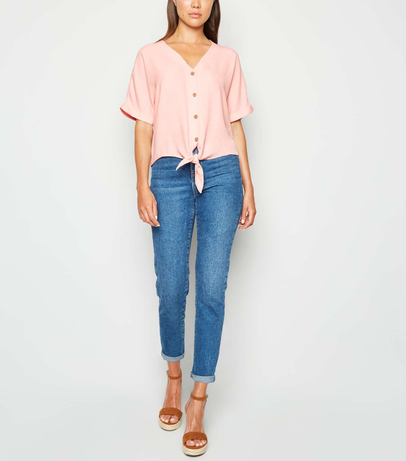 Coral Front Button Up V Neck Shirt