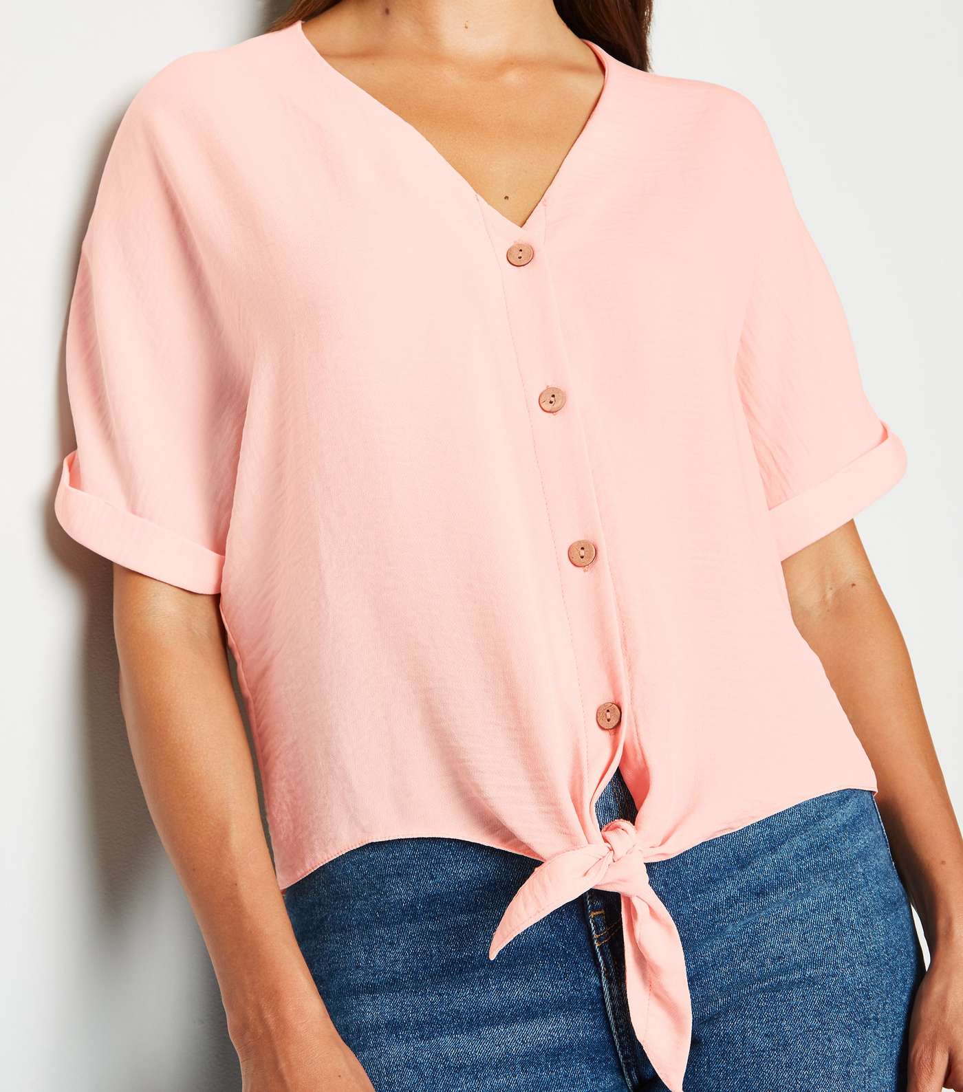 Coral Front Button Up V Neck Shirt Image 3