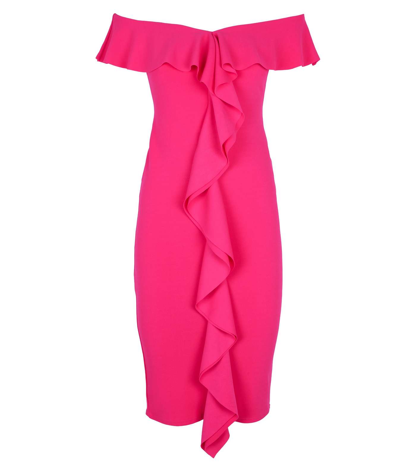 Bright Pink Ruffle Front Bardot Midi Dress Image 4
