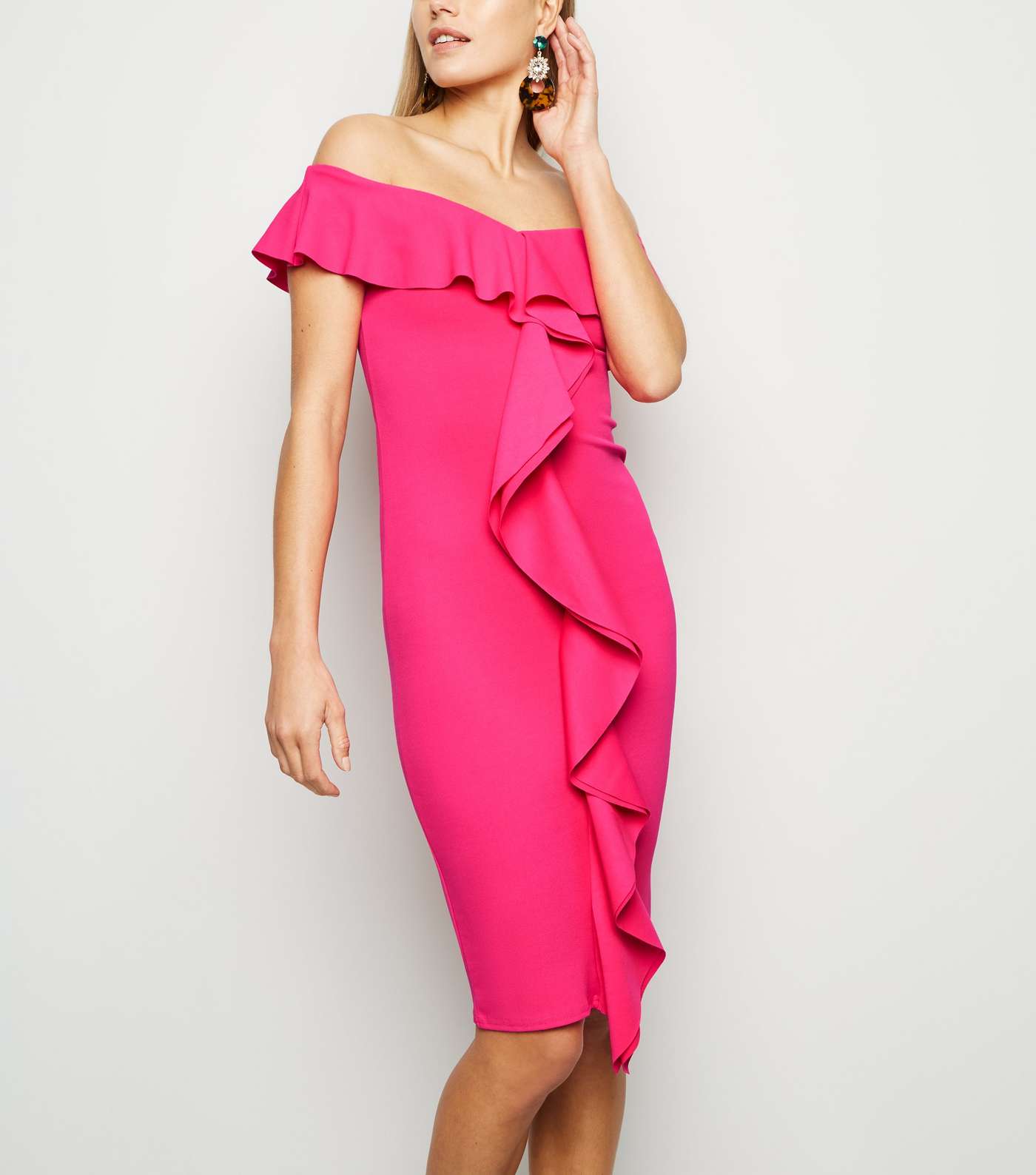 Bright Pink Ruffle Front Bardot Midi Dress Image 2