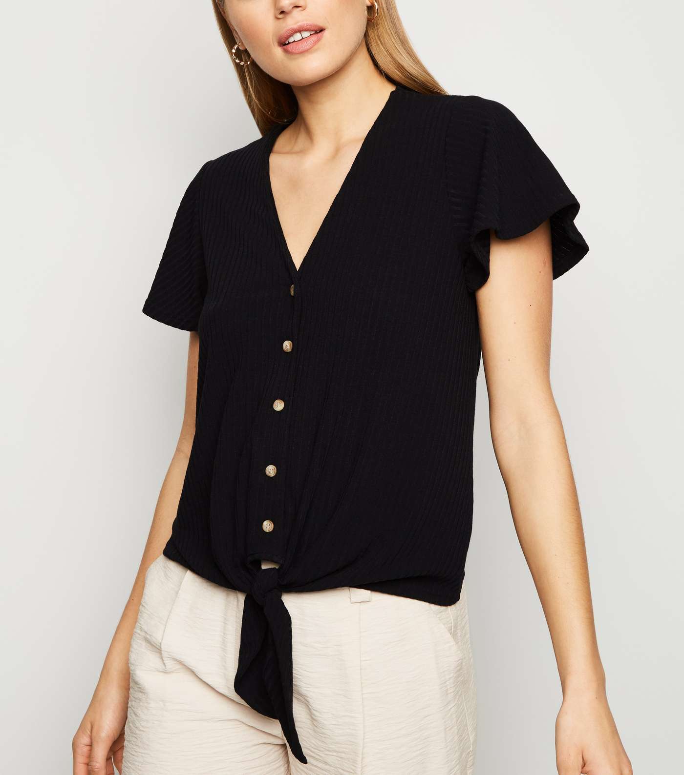 Black Ribbed Button Tie Front Top